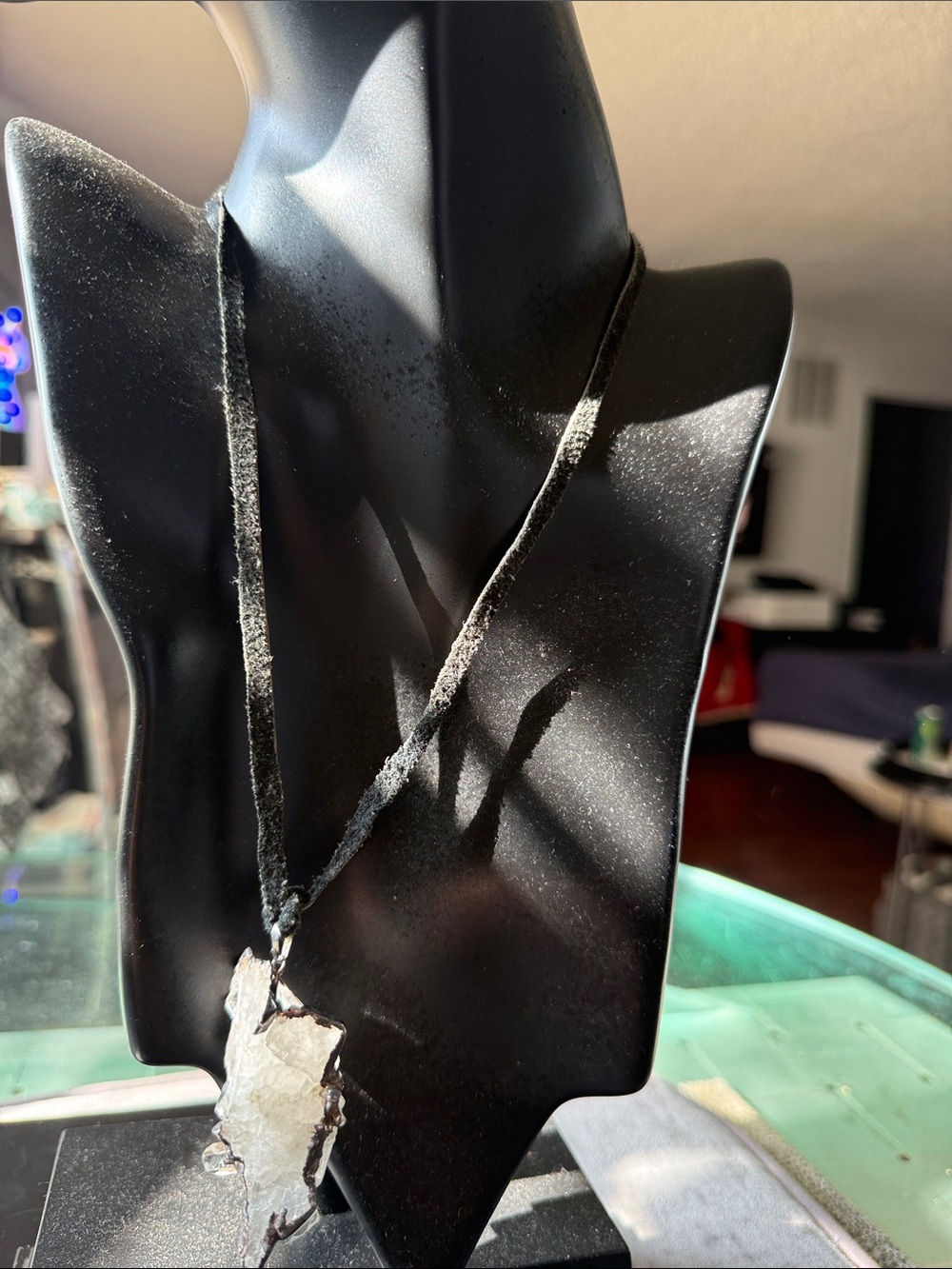 Raw Crystal Pendant Suede Cord Necklace - Black